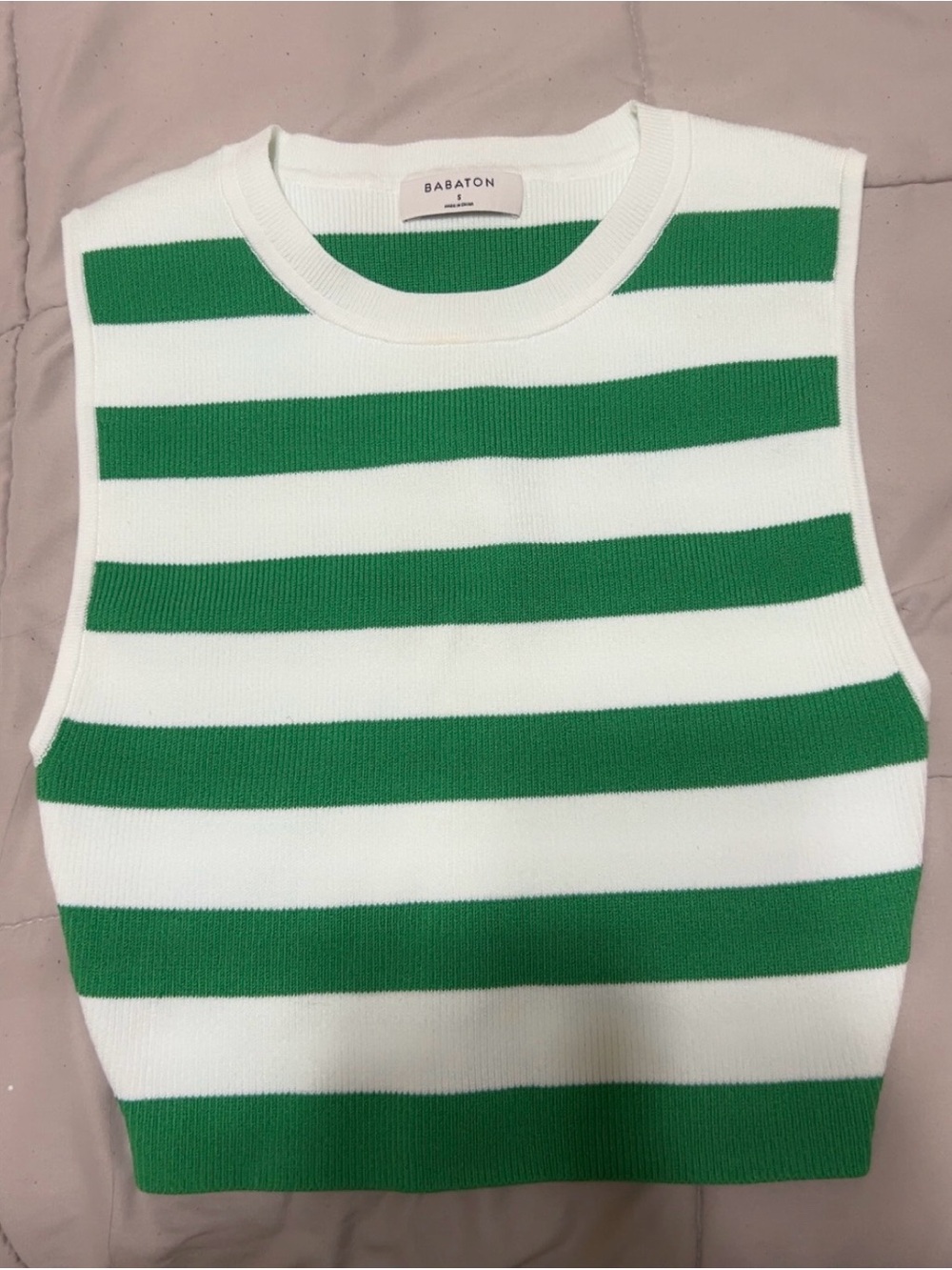 Babaton Green & White Striped Knit Tank Top